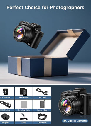 8K Digital Cameras for Photography - Autofocus 88MP WiFi Vlogging Camera for YouTube with Dual-Lens - 16X Digital Zoom Vlog Camera with Lens Hood, Flash, Touch Screen, 2 Batteries, 32GB TF Card