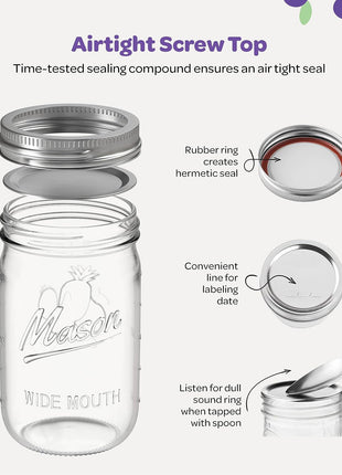 SEWANTA Wide Mouth Mason Jars 32 oz [4 Pack] With Mason Jar Lids and Bands, Mason Jars 32 oz - For Canning, Fermenting, Pickling - Jar Decor - Microwave/Dishwasher Safe.