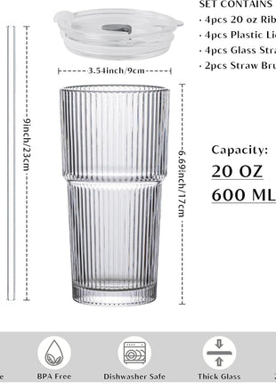 INSETLAN 20 oz Ribbed Glass Tumblers with Lids and Glass Straws – 4-Piece Glassware Set, Thickened Wall, Ideal for Iced Coffee, Smoothies, Cocktails, and Juices – Elegant and Durable Drinkware