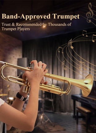 Eastar Bb Standard Trumpet Set for Beginner, Brass Student Trumpet Instrument with Hard Case, Cleaning Kit, 7C Mouthpiece and Gloves, ETR 380, Golden