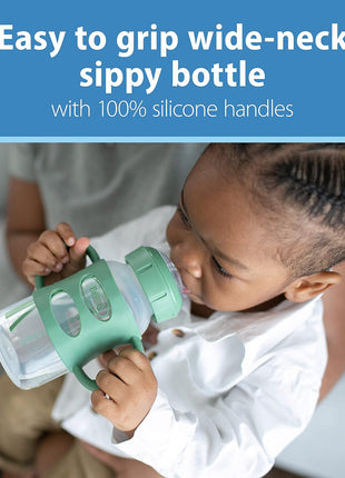 Dr. Brown's Milestones Wide-Neck Sippy Spout Bottle with 100% Silicone Handles, Easy-Grip Handles with Soft Sippy Spout, 9oz/270mL, Green & Gray, 2-Pack, 6m+