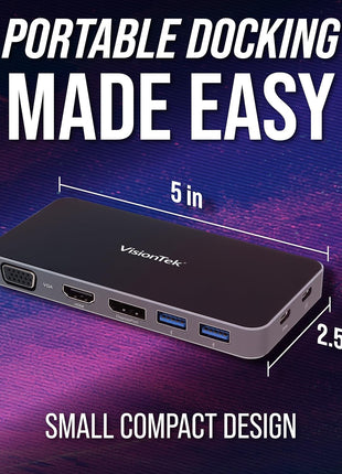 VisionTek VT200 Portable USB-C Dual Monitor Hub - 1x DP, 1x HDMI, 1x VGA, 2X USB-A Ports, 1x USB-C for Windows/MacOS/ChromeOS/iOS