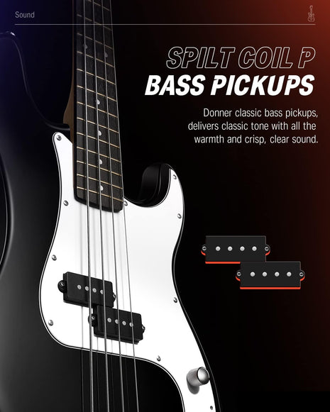 Donner Electric Bass 4 Strings Full-Size Guitar Kit PB-Style (Black) | Standard Bass Beginner Kit for Starter with Free Online Lesson Gig Bag Guitar Strap and Guitar Cable, DPB-510