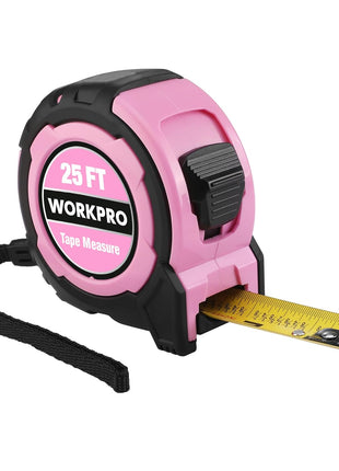 WORKPRO 25FT Pink Tape Measure, 1/8 Fractions Easy Read Measuring Tape, Retractable Nylon Coating Measurement Tape Accuracy 1/32, Magnetic Hook, Belt Clip, Rubber Protective Casing - Pink Ribbon
