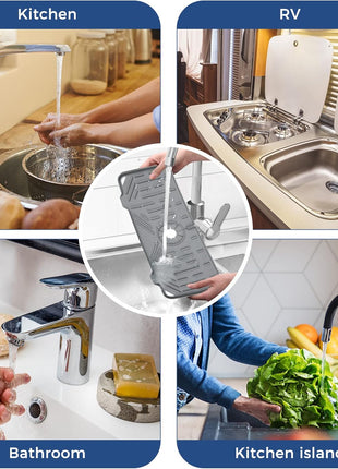 BFONS Silicone Faucet Handle Drip Catcher Drying Tray Mat Dish Soap Sponge Holder Accessories Gadgets for Kitchen Counter Bathroom Kitchen Sink Splash Guard -Grey