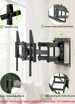 USX Mount Full Motion TV Wall Mount for Most 42-90 inch Flat Screen/LED/4K, TV Mount Bracket Dual Swivel Articulating Tilt 6 Arms, Max 16" Wood Studs, VESA 600x400mm, Holds up to 132lbs