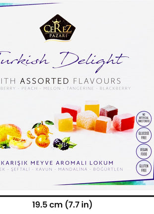 Cerez Pazari Turkish Delight Candy With Assorted Flavors 16 oz, Gourmet Snacks Gift Box, No Nuts Sweet Traditional Confectionery Vegan Candy Dessert Lokum Loukoumi Approx.33-38 pcs