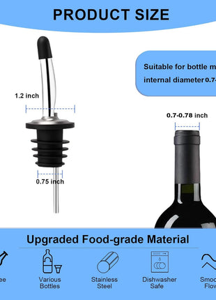 BALTRE 2PCS Stainless Steel Pourers, Speed Liquor Bottle Pourer, Olive Oil and Vinegar Tapered Stopper Spout, Suitable for About 3/4 inch Bottle Mouth, Olive Oil Spout with Sealed Dust Caps