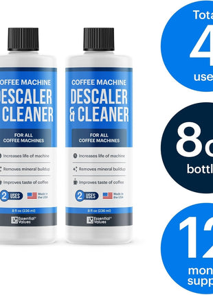 Essential Values Descaler, Universal Descaling Solution, Made in the USA for Delonghi, Keurig, Breville, Nespresso (4 Uses) Coffee Machine Cleaner for all Automatic Coffee Makers & Espresso Machines
