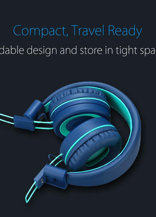 Kids Headphones - noot products K11 Foldable Stereo Tangle-Free 3.5mm Jack Wired Cord On-Ear Headset for Children/Teens/Boys/Girls/Smartphones/School/Kindle/Airplane Travel/Plane/Tablet (Navy/Teal)