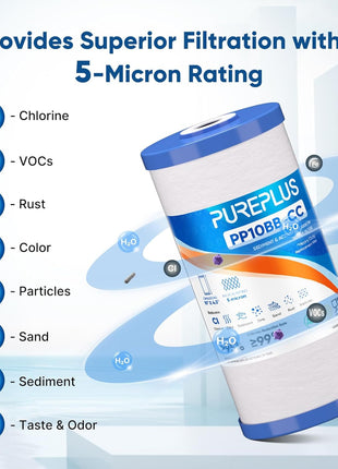 PUREPLUS 5 Micron 10" x 4.5" Whole House Sediment and Carbon Water Filter Replacement Cartridge for GE FXHTC, GXWH40L, GXWH35F, GNWH38S, Culligan RFC-BBSA, WRC25HD, PP10BB-CC, Pentek RFC-BB, 2Pack
