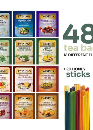 Twinings 48 Tea Bags Herbal Variety Pack – 12 Herbal Flavors with 20 Honey Sticks, Perfect Tea Gift Set for Any Occasion