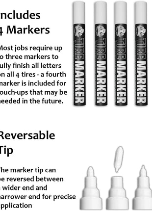 White tire Paint Marker for Car Tire Lettering - 4 Pack - Permanent Tire Paint Pens with Weatherproof Ink Designed to Last on Car Tires and Many Other Materials