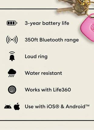 Life360 Tile - Bluetooth Tracker, Keys Finder and Item Locator for Keys, Bags and More. Phone Finder. Both iOS and Android Compatible. 1-Pack (Pink Punch)