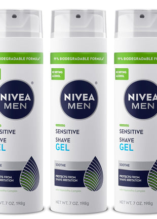 NIVEA MEN Sensitive Shave Gel with Vitamin E, Soothing Chamomile and Witch Hazel Extracts, 3 Pack of 7 Oz Cans