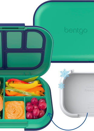 Bentgo Chill Kids 4-Compartment Bento Box Leakproof Lunch Box | Built-In Ice Pack, 3.3 Cup Capacity, BPA-Free, Microwave & Dishwasher Safe Tray, Ideal for Ages 3–7 (Green/Navy)