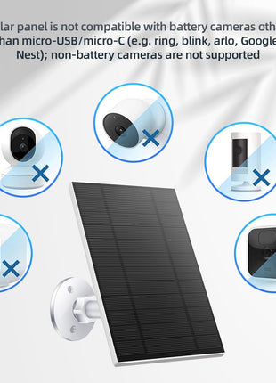 5W Solar Panel for Security Camera, Solar Panel with Micro USB & USB-C Port for DC 5V Outdoor Rechargeable Battery Camera, IP65 Waterproof, 360° Adjustable Security Mount, 9.8ft Cable(White 1PC)