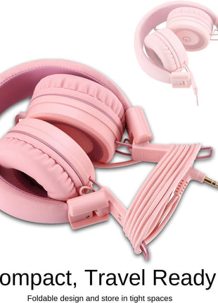 noot products Kids Headphones K11 Foldable Stereo Tangle-Free 5ft Long Cord 3.5mm Jack Plug in Wired On-Ear Headset for iPad/Girls/Boys/School/Laptop/Travel/Plane/Tablet-Soft Pink