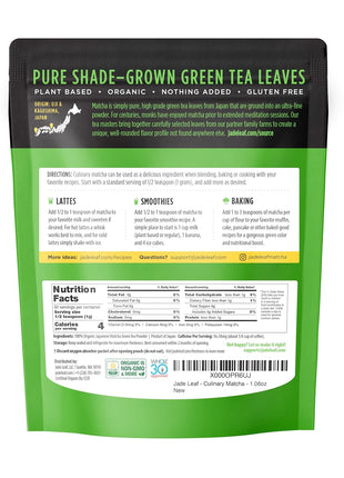 Jade Leaf Matcha Organic Green Tea Powder - Culinary Grade Premium Second Harvest - Authentic Japanese Origin (1.06 Ounce Resealable Pouch)