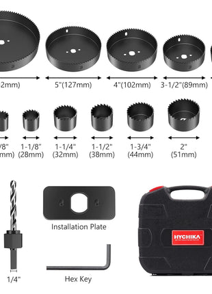 Hole Saw Set HYCHIKA 19 Pcs Hole Saw Kit with 3/4"-6"(19-152mm) 13Pcs Saw Blades, 2 Mandrels, 2 Drill Bits, 1 Installation Plate, 1 Hex Key, Ideal for Soft Wood, Plywood, Drywall, PVC