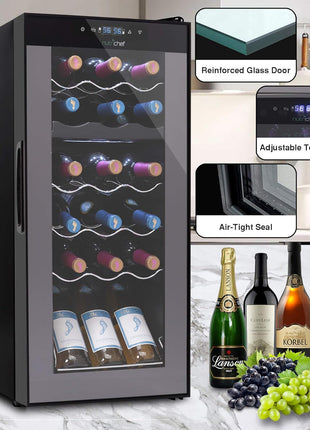 NutriChef PKCWCDS188 Freestanding Wine Fridge, 18 Bottle Dual Zone Beverage Cooler for Home & Office, 32x13x19 inches, Adjustable Temp 41-64F, Black