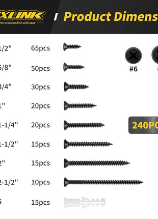 Wood Screws Assortment Kit, FIXLINK 240 PCS High Hardness Flat Head Wood Screws Set, Phillips Drive Assorted Screws, Contain 15PC Anchors and 8 Size (2-1/2",2",1-1/2",1-1/4",1",3/4",5/8",1/2"), Black