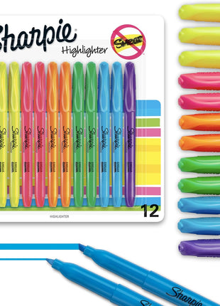 Sharpie Pocket Style Highlighters, Chisel Tip, Assorted Fluorescent, 12 Count - Quick Dry, Perfect For Studying, Note-Taking, School, College, Office, Student & Teacher Supplies