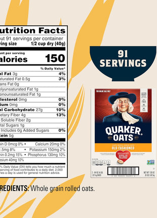 Quaker Old Fashioned Rolled Oats, Non GMO Project Verified, Two 64oz Bags in Box, 90 Servings, 4 Pound (Pack of 2)