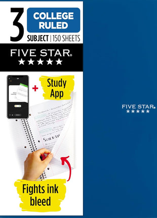 Five Star Spiral Notebook  Study App, 3 Subject, College Ruled Paper, 8-1/2 inch x 11 inch, 150 Sheets, Fights Ink Bleed, Water Resistant Cover, Pacific Blue (73623)