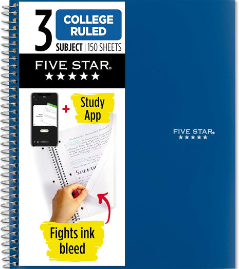 Five Star Spiral Notebook  Study App, 3 Subject, College Ruled Paper, 8-1/2 inch x 11 inch, 150 Sheets, Fights Ink Bleed, Water Resistant Cover, Pacific Blue (73623)