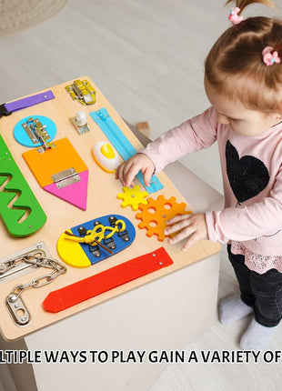 Montessori Busy Board for Toddlers, Wooden Sensory Toys, Preschool Learning Activities for Fine Motor Skills Travel Toy, Basic Life Skills Educational Gifts for 1 2 3 Years Old Kids Boys Girls