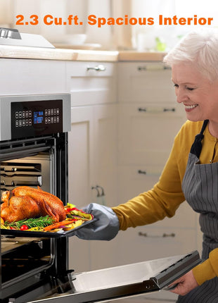 Empava 24 inch Electric Convection Single Wall Oven 10 Cooking Functions Deluxe 360? ROTISSERIE with Sensitive Touch Control in Stainless Steel, Silver