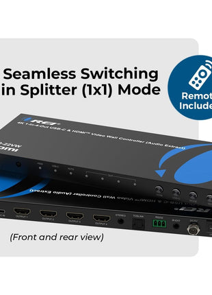 OREI 4K 2x2 Video Wall Controller with HDMI and USB-C inputs, 4K@60Hz Resolution | 180° Rotation, RS-232, and Audio Extraction