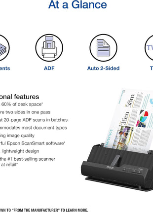 Epson Workforce ES-C220 Compact Document Scanner Duplex 20-pg ADF | 20-Page Auto Document Feeder 30 ppm/60 ipm Speed Portable Scanner for PC and Mac
