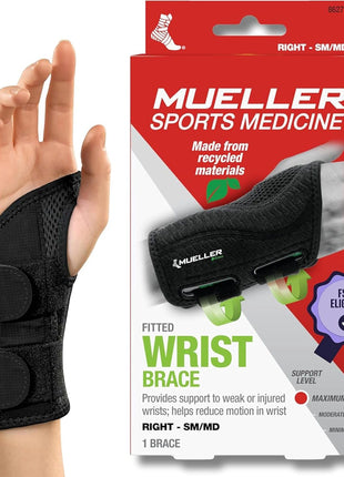 MUELLER Sports Medicine Green Fitted Wrist Brace for Men and Women, Wrist Pain Relief Support, Ideal for Carpal Tunnel, Tendonitis, Arthritis, Right Hand, Black, Small/Medium