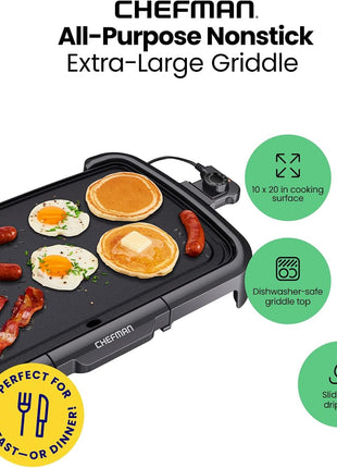 Chefman XL Electric Griddle with Removable Temperature Control, Immersible Flat Top Grill, Burger, Eggs, Pancake Griddle, Nonstick Extra Large Cooking Surface, Slide Out Drip Tray, 10 x 20 Inch