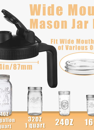 Mason Jar Pour Spout Lid for Wide Mouth Mason Jars, Mason Jar Pitcher Flip Cap Airtight Handle Lid, Leak Proof Seal Cover, Pack of 2