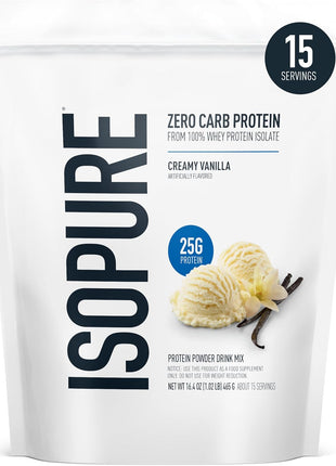 Isopure Zero Carb 100% Pure Whey Isolate Protein Powder, Lactose Free, Gluten Free, With Vitamins, Creamy Vanilla, 25g Protein Per Serving, 1 Lb, 15 Servings (Packaging May Vary)