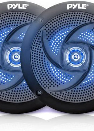 Pyle Low-Profile Waterproof Marine Speakers - 100W 4 Inch 2 Way 1 Pair Slim Style Waterproof Weather Resistant Outdoor Audio Stereo Sound System w/ Blue Illuminating LED Lights - Pyle (Black)