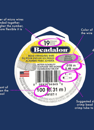 Beadalon 19 Strand Stainless Steel Bead Stringing Wire, .012 in / 0.30 mm, Bright, 30 ft / 9.2 m
