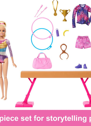 Barbie Gymnastics Doll & Accessories Playset | Blonde Fashion Doll, C-Clip for Flipping Action, Balance Beam, Warm-Up Suit & More