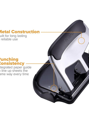 Bostitch Office EZ Squeeze Heavy Duty 3 Hole Punch, 40-Sheet Capacity, Use Less Force, Perfect for Home Office School Supplies, Sleek Design, Silver