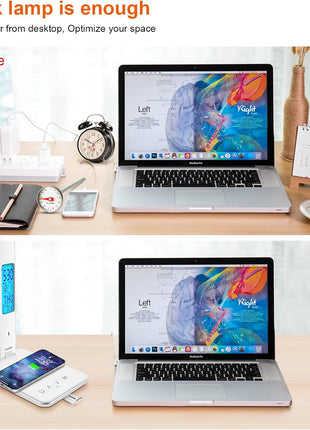 Desk Lamp with Wireless Charger, USB Charging Port, Dimmable Office Desk Light with Clock, Alarm, Date, Temperature, Foldable Lamp for Table Bedroom Bedside Office (White)