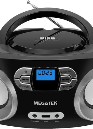 MEGATEK Portable CD Player Boombox with FM Radio, Bluetooth, USB Port, AUX Input, and Headphone Jack – CD-R/CD-RW/MP3-CD Compatible, Clear Stereo Sound, Backlit LCD Display – Black