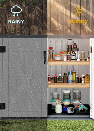 DWVO Outdoor Storage Shed, Weatherproof Resin, 35 Cu Ft Capacity, Horizontal Design, X-Shaped Lockable Door, Suitable for Bike, Garden Tools, Trash Cans, Light Gray