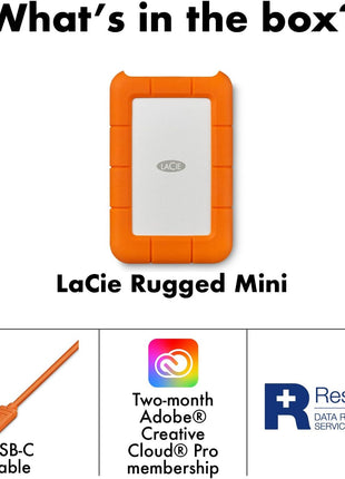 LaCie Rugged Mini Portable External Hard Drive, 4TB, 2.5", for PC, Mac, iPad, and iPhone, with Data Rescue Service | 4TB 2.5 Rugged HDD, Shock and Rain and Pressure-Resistant, Rescue Data Recovery, 3-Year Warranty