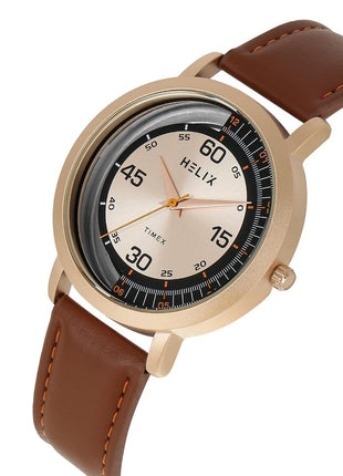 Helix by Timex Analog Watch for Man with Rose Gold Round Dial & Brown Leather Strap Band Water Resistant Men's Wrist Watches - TW063HG00T