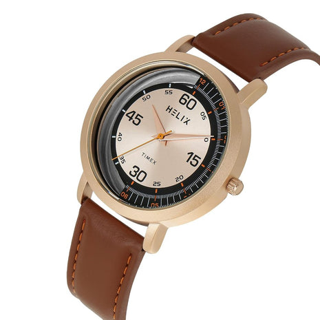 Helix by Timex Analog Watch for Man with Rose Gold Round Dial & Brown Leather Strap Band Water Resistant Men's Wrist Watches - TW063HG00T