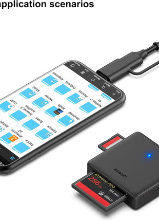 Memory Card Reader, BENFEI 4in1 USB 3.0 and USB-C to SD Micro SD MS CF Card Reader Adapter, 4 Cards Simultaneously Read and Write, Compatible with iPhone 15 Series, MacBook Pro/Air 2023, and More