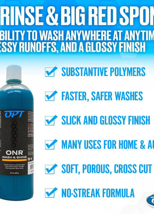Optimum No Rinse Version 5 (32 Oz), Microfiber Drying Towel, and Big Red Sponge (BRS) Car Cleaning Kit, ONR Rinseless Car Wash, Drying Towel, and Wash Sponge for Washing and Auto Detailing